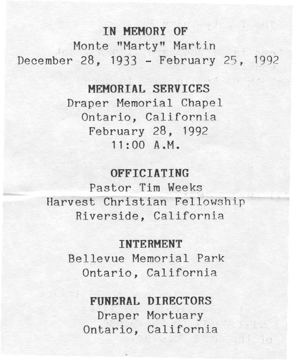 Monte Martin Funeral Card